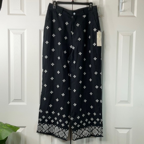 Rachel Zoe 100% Linen European Grown Flax Black Wide Leg Pants Size 8 Embroidery - Picture 1 of 9